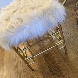 Gold metal stool bench with off white faux fur