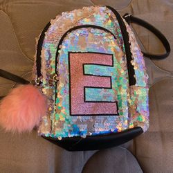 Small Girls Letter Backpack Letter “E” With Pompon Keychain With Adjustable Straps  And Sequins 