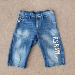 G-Star RAW Crockett Arc Loose Tapered 1/2 Denim Shorts W31 Blue G.S.RAW Logo 10/10