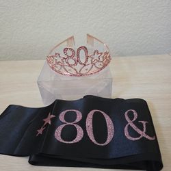 80 & Fabulous Rose Gold Tiara and Black Sash with Pink Glitter Font