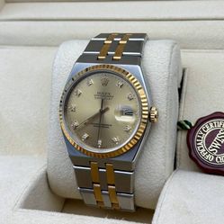 1989 Rolex Datejust OysterQuartz 17013 36mm stainless steel 18k yellow gold bracelet factory diamond dial fluted bezel watch box appraisal