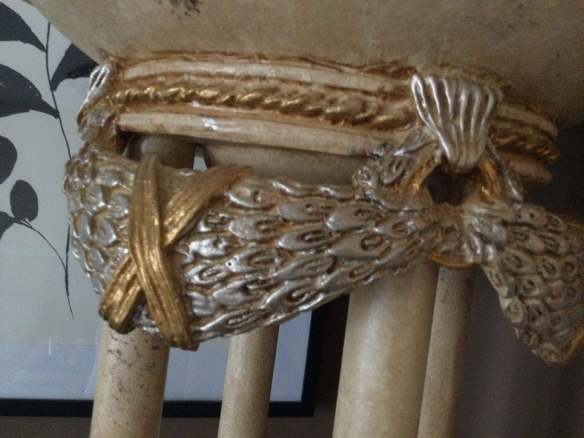 SET OF TWO ELEGANT HAND PAINT TALL FLOOR LAMPS ( GOLD, SILVER , BRONZE EXCELLENT COND.72H 22 D RETAILED NEW FOR THE SET 1195 PLUS TAX.LAMPS ARE HEAVY