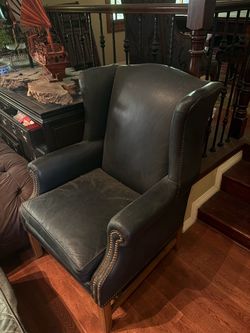 Vintage Leather Wingback Armchair with Matching Nailhead Ottoman Set