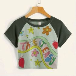New Colorful Take It Easy Cute Raglan Short Sleeve Crop Tee - Women's Small (4)