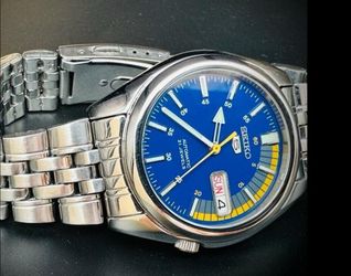 Seiko 5 Blue Dial Watch with Yellow Accents