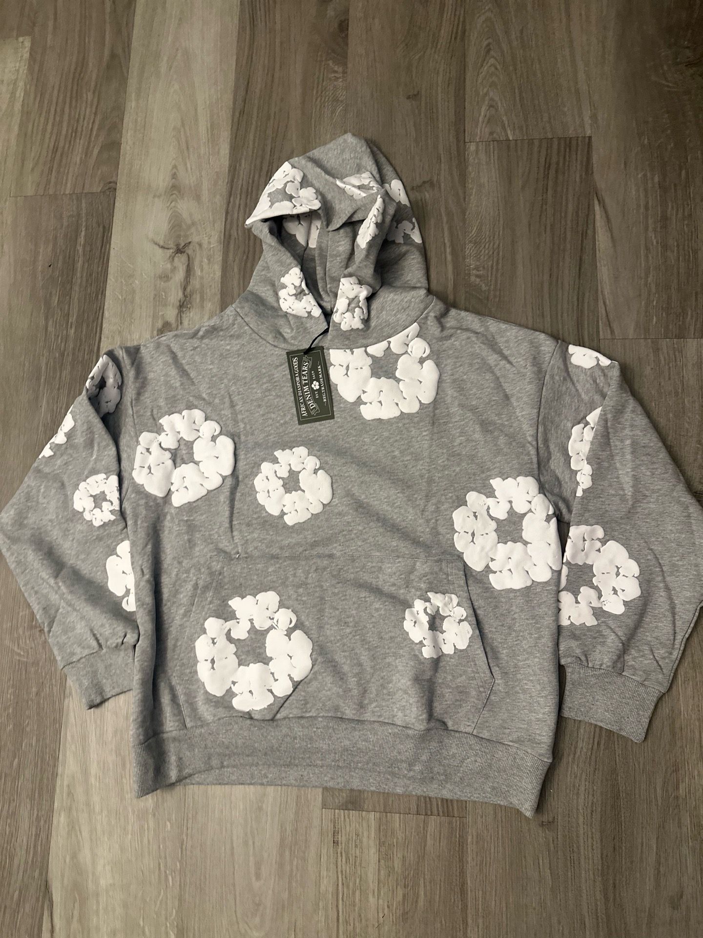 GREY DEMIN TEAR HOODIE! SIZE SMALL! BRAND NEW ! ONLY 65$