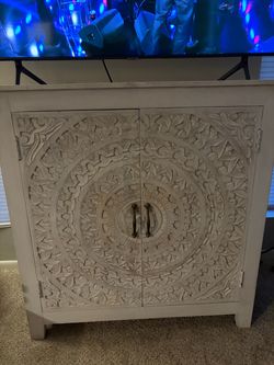 White Carved Wood Cabinet with Floral Mandala Doors