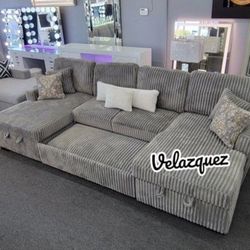 ✅️✅️3 pc Smoke grey corduroy fabric sectional sofa with double storage chaise and pop up sleep area in center✅️