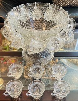 Vintage ANCHOR HOCKING WEXFORD Punch Bowl Set 18 Cups