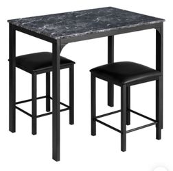 3 Piece Counter Height Dining Set Faux Marble Table 2 Chairs Kitchen Bar Black