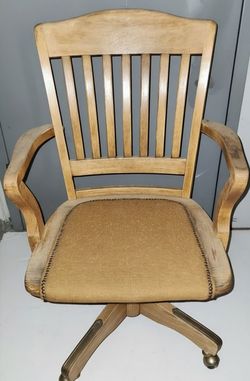 Vintage Solid Wood Banker’s / Office Swivel Armchair with Padded Seat