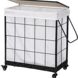 Brand New Durable Laundry Hamper with Removable Liner Bag, Heavy Duty Wheels, Wood Lid and Metal Handle