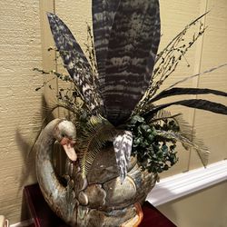 Ceramic Swan Silk Planter with a Mixed Bromeliad Plant