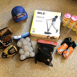Barely used or new sport support: pads, shinguard, tennis ball, baseball, spring tee, helmet, gloves