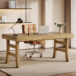 63 Inches Executive Office Desk Large Computer Table with Sturdy Legs, Light Brown.