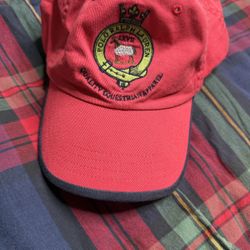 Vintage Ralph Lauren Red POLO Cap Hat Leather Strap EQUESTRIAN Crest Blue Trim