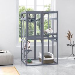 Cat Catio, Gray Outdoor Cat Enclosure Window Access, Wooden Cat House Cage Indoor, NEW
