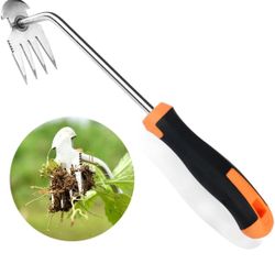 Garden Weeder Tool Stainless Steel Hand Weeder Tool,4 Teethes Dual Purpose Weed Remover Tool Weeding Tools for Gardening (Rubber Handle)