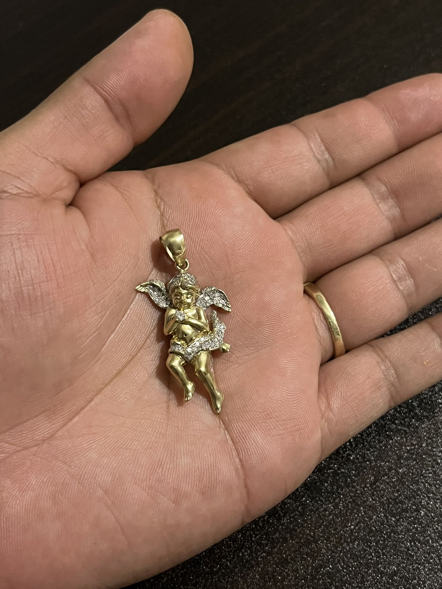 10K Gold Diamond Angel Pendant 1.75 Inches