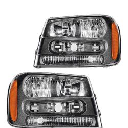 PHILTOP Headlight Assembly Replacement for 2002-2009 Trailblazer 2002-2006 Trailblazer EXT, Amber Headlamp Reflctor Clear Lens Black Housing
