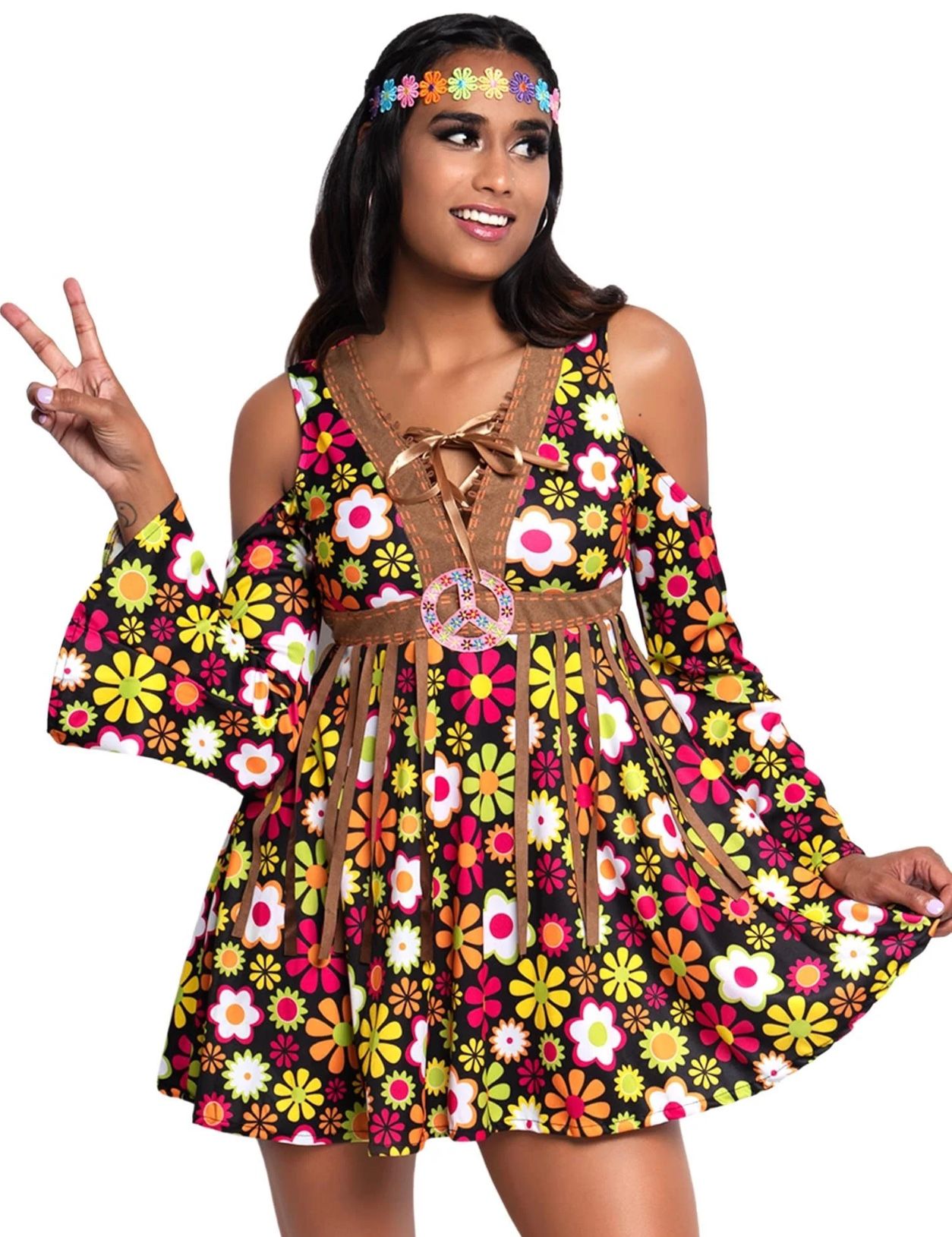 Women’s 60s Hippie Bell Sleeve Mini Dress with Peace Sign Belt & Fringe
