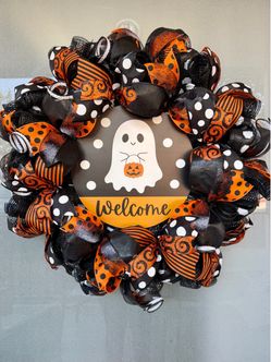 Halloween Ghost Welcome Deco Mesh Wreath