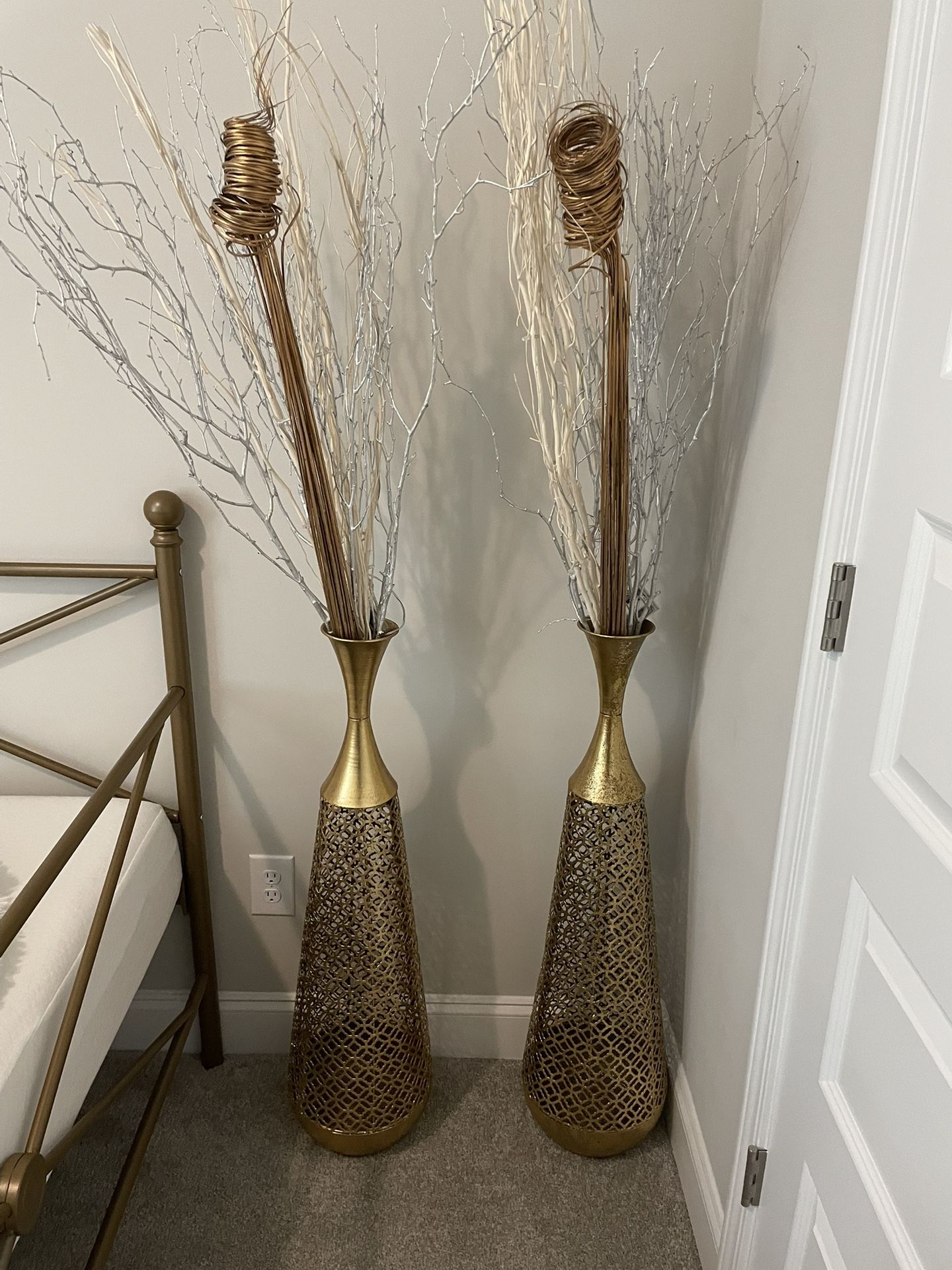 Pair Of Decorative Gold Floor Vases With Branches