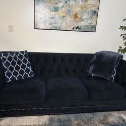 Navy Blue Velvet Tufted Sofa with Nailhead Trim