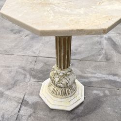 Vintage side table octagon marble stone top and carved base- patio indoor outside table