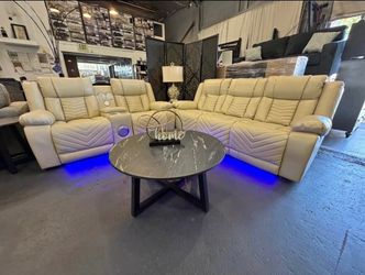 Power Double Reclining Sofa With USB Charging Ports & LED Lights - Faux Leather