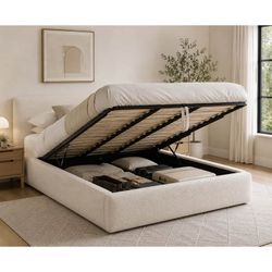 King Lift-Up Storage Bed – Cream Bouclé Upholstered Platform Bed - Delivery Available