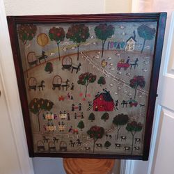 Vintage Primitive Folk Art Painting Amish Barnyard Scene with Wooden Frame