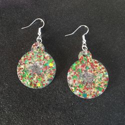 Sterling silver red green gold glitter Christmas ornaments dangle earrings new resin 