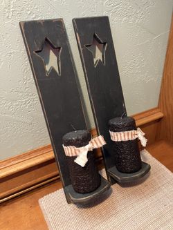 Pair of Primitive Wood Candle Holders - Includes 2 Candles