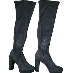 Women's Knee High Bar 3 Black Sweade Boots Size 6.5 M Preowned No Box Zipper