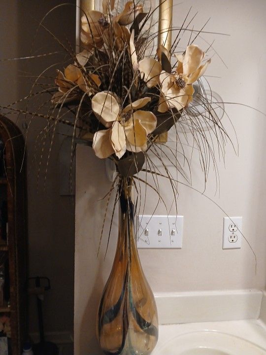 Tall Glass Vase with Artifical Flowers