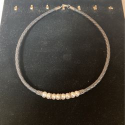 Sterling Silver Necklace With Real Pearls And Leather Cord