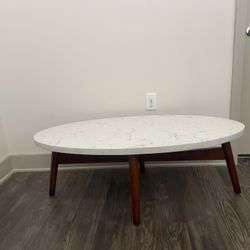 NFM White And Gray Marble Slab Coffee Table With Solid Wooden Legs