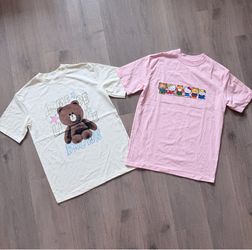 Cute Kawaii Graphic Tee Bundle 🧸 Pastel Pink Hello Kitty & Cream Bear Shirt Set (Size M)