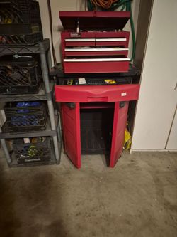 Tools storage chest and shelves.