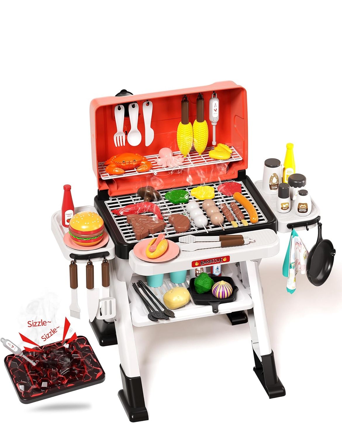 Kids Play Kitchen Toys, Outdoor BBQ Grill Playset with Smoke Sound & Light, Pretend Food Toys Barbecue Cooking Set for Toddlers Boys Girls 3 4 5 6 7 8
