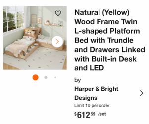 Harper & Bright Designs Natural (Yellow) Wood Frame Twin L-shaped Platform Bed with Trundle and Drawers Linked with Built-in Desk and LED