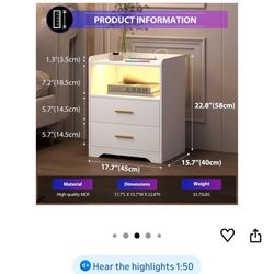 dnbss White LED Nightstand with Charging Station and 24-Color RGB Lights, Smart Night Stand with Human Sensor Lighting, Modern Bedside Table for Bedro