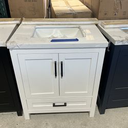 30” Bathroom Vanity in white , single sink soft close solid wood with vanity top in white  $485  Luke’s liquidations warehouse Address:  2434 N Forsyt