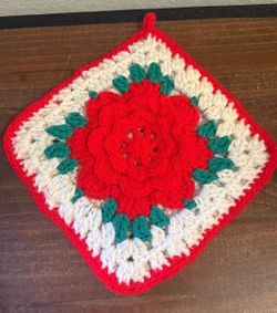 Vintage Hand Crocheted Potholder with Red Rosette Flower