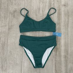 CUPSHE Women's Bikini Set Two Piece Swimsuit High Waisted Scoop Neck Swimwear, Green, M