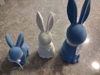 Set of 3 fuzzy bunnies 2- blue 1- white( little mark on Head 8 inches, 5 inch and 4 inches