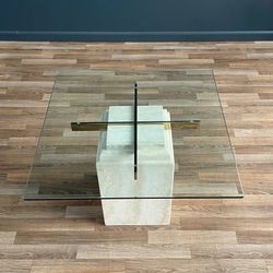 Mid-Century Modern Travertine Stone & Brass Side Table, c.1970’s - Delivery Available