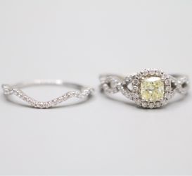 14K White Gold Radiant Cut Fancy Yellow Engagement Ring Set (Size 7 & 1/4 and Size 8) (No Shipping)