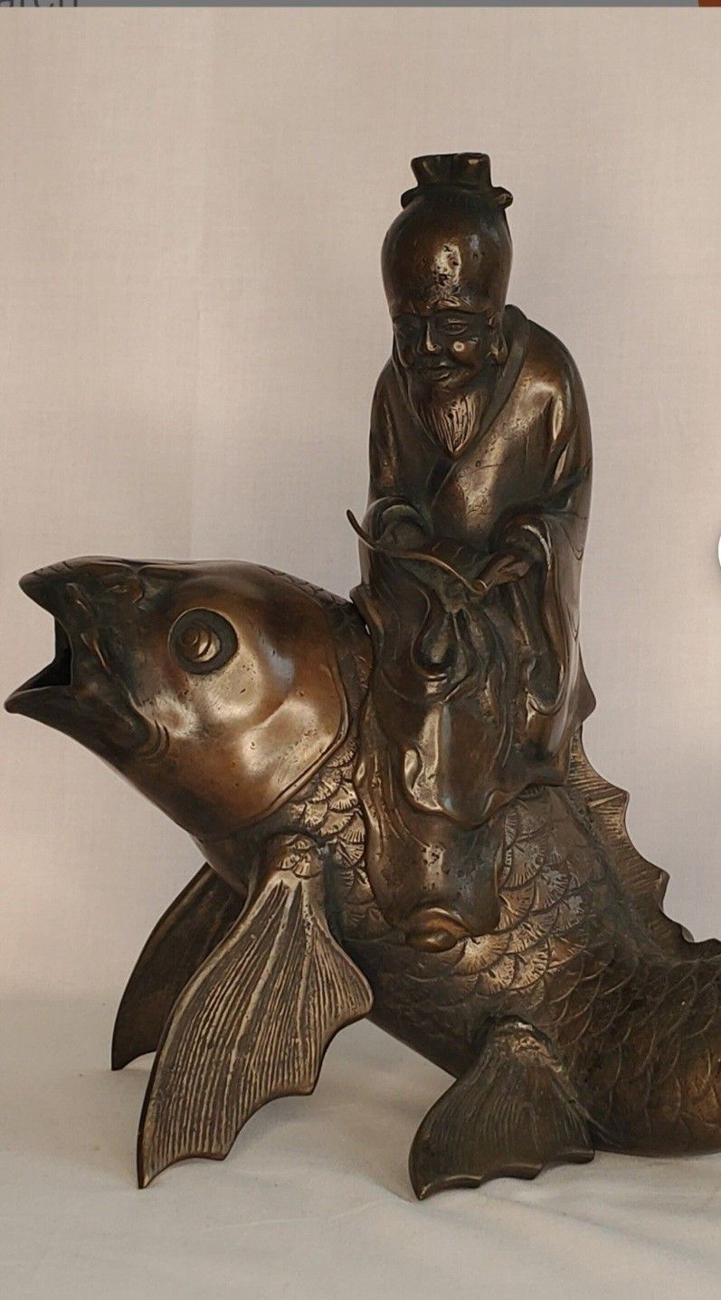 1960's Bronze Vintage Chinese Taoist Qin Gao Riding a Carp Bronze Incense Burner Figurine Statue
